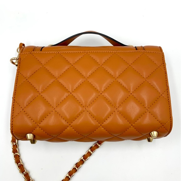 Chic brown/tan top handle trendy quilted shoulder crossbody bag gold-tone chain - Picture 8 of 13